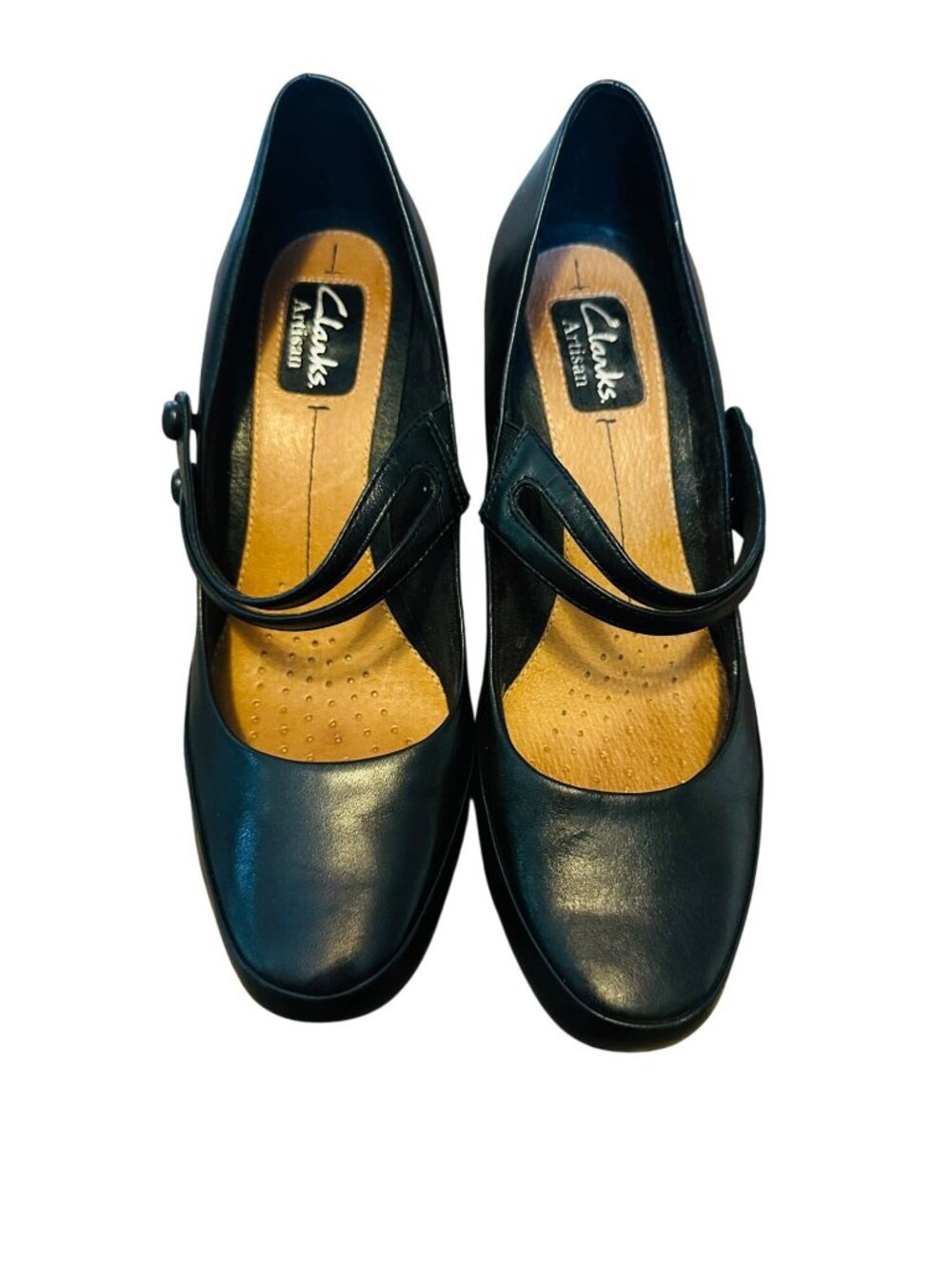 Clarks Blk Leather Chunky Mary Jane Heels Sz 8 Button Strap Retro Whimsigoth Y2K